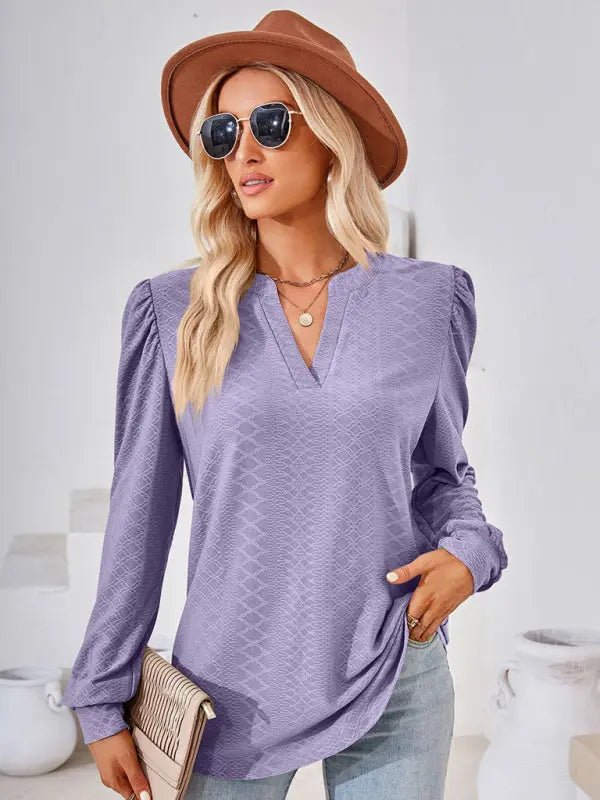 V Neck Jacquard Long Sleeve Top - Celeste    