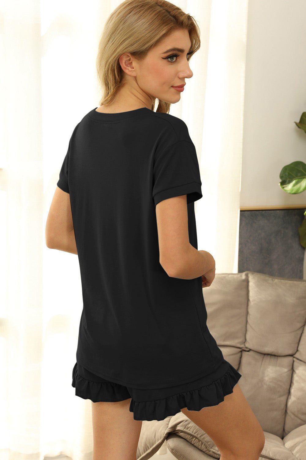 V-Neck Short Sleeve Top and Drawstring Shorts Lounge Set - Celeste    