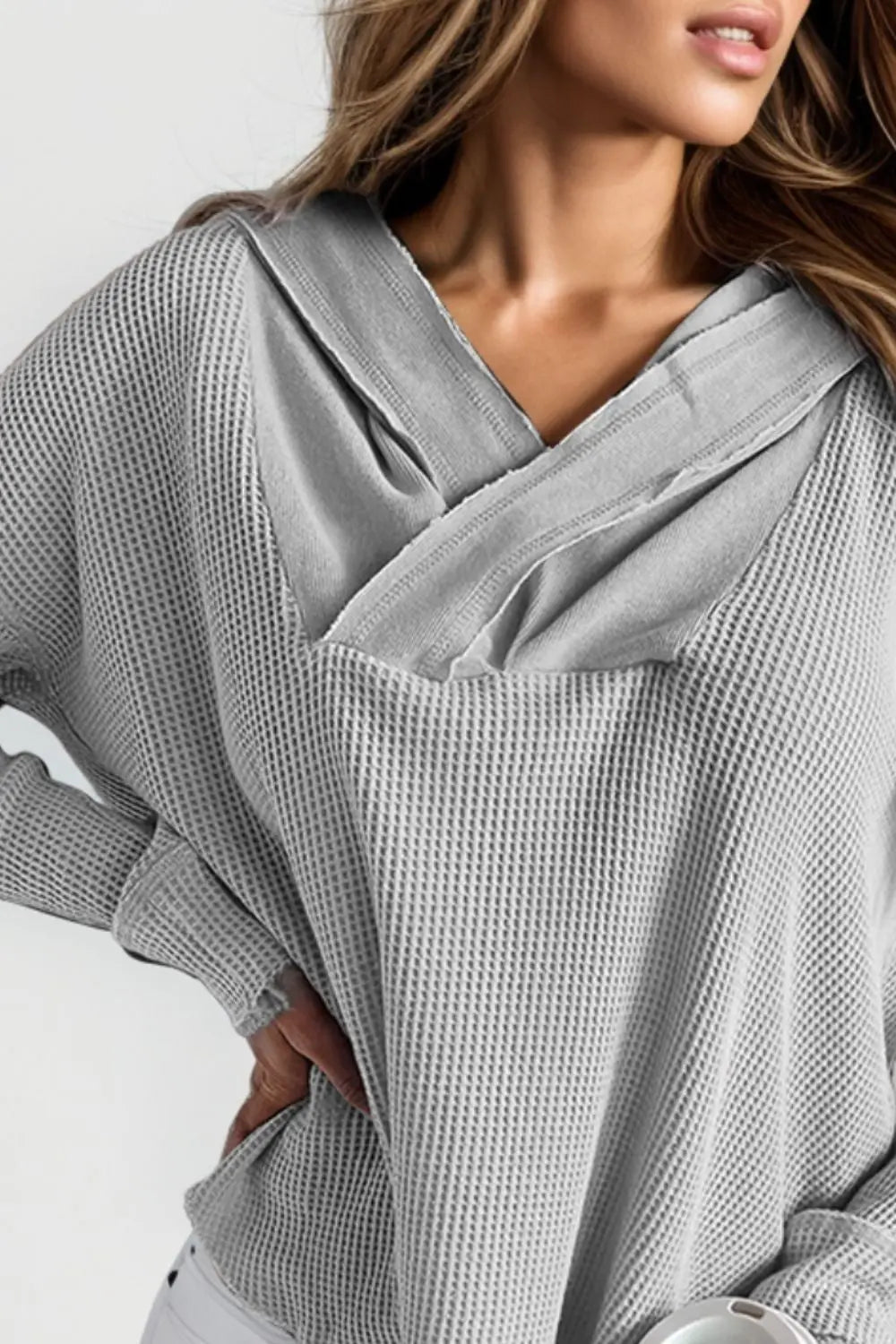 Waffle-Knit Dropped Shoulder Hoodie - Celeste    