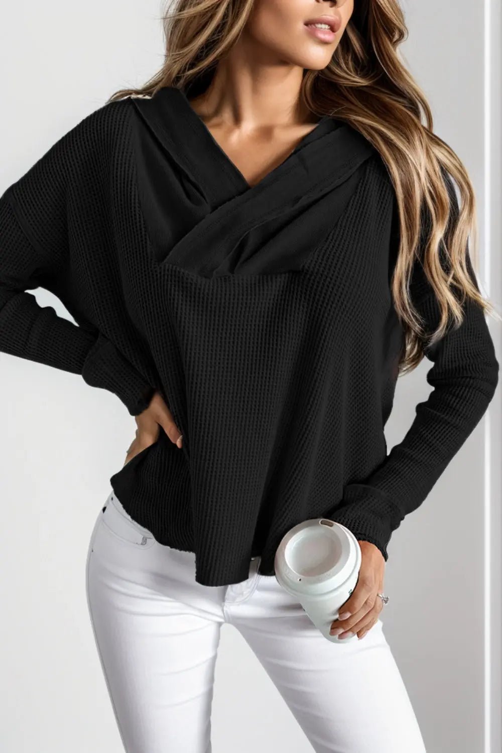 Waffle-Knit Dropped Shoulder Hoodie - Celeste    