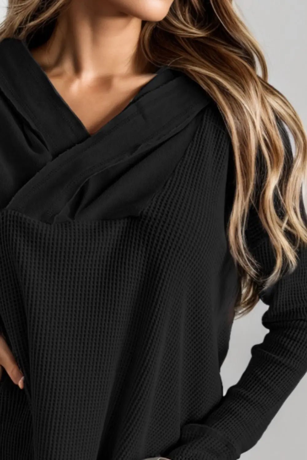 Waffle-Knit Dropped Shoulder Hoodie - Celeste    