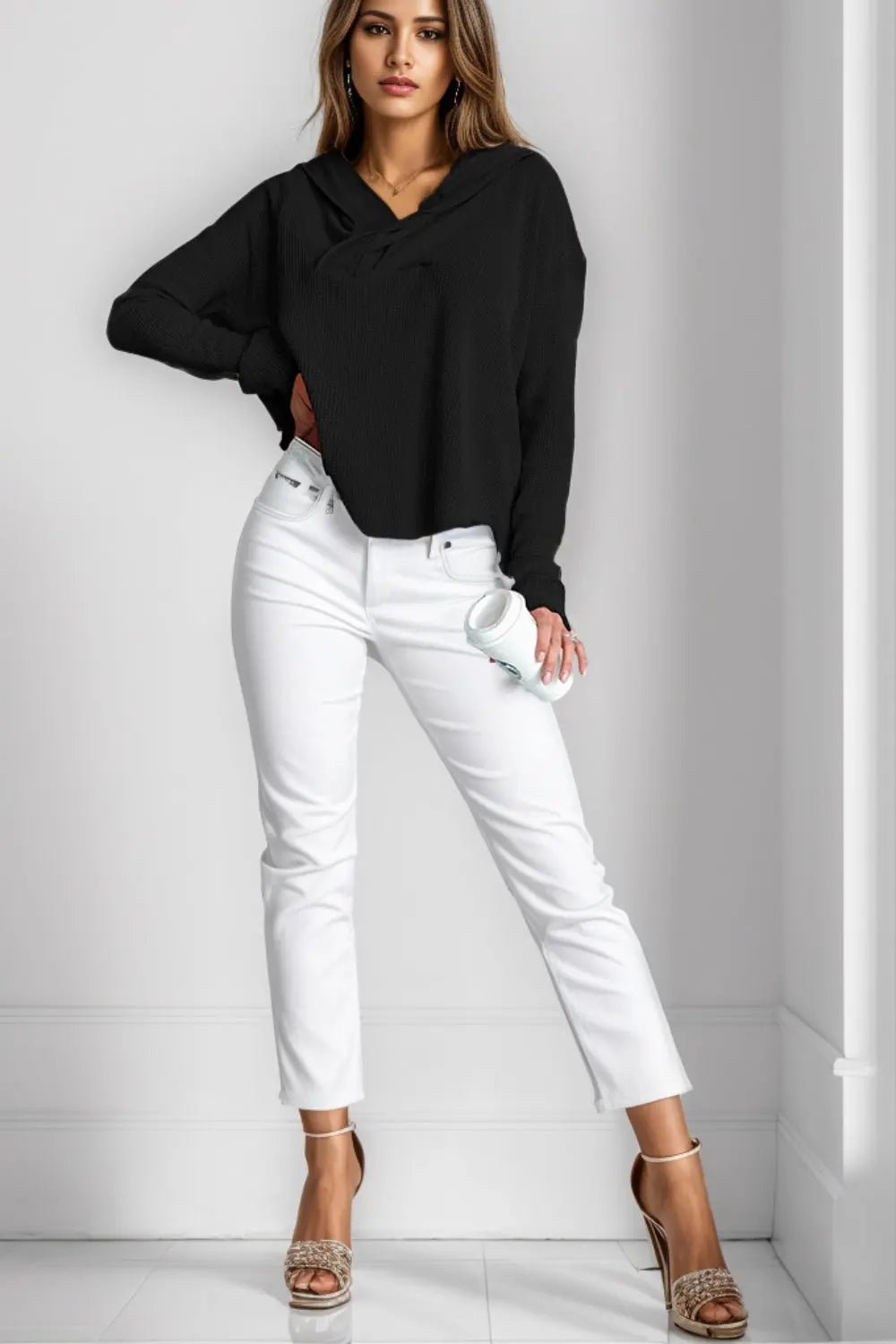 Waffle-Knit Dropped Shoulder Hoodie - Celeste    