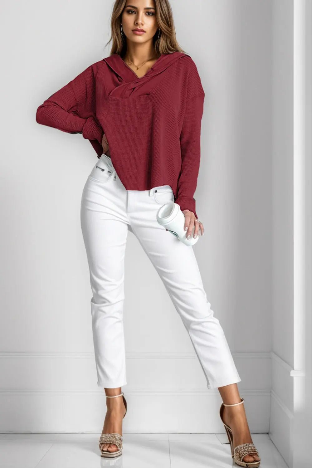 Waffle-Knit Dropped Shoulder Hoodie - Celeste    