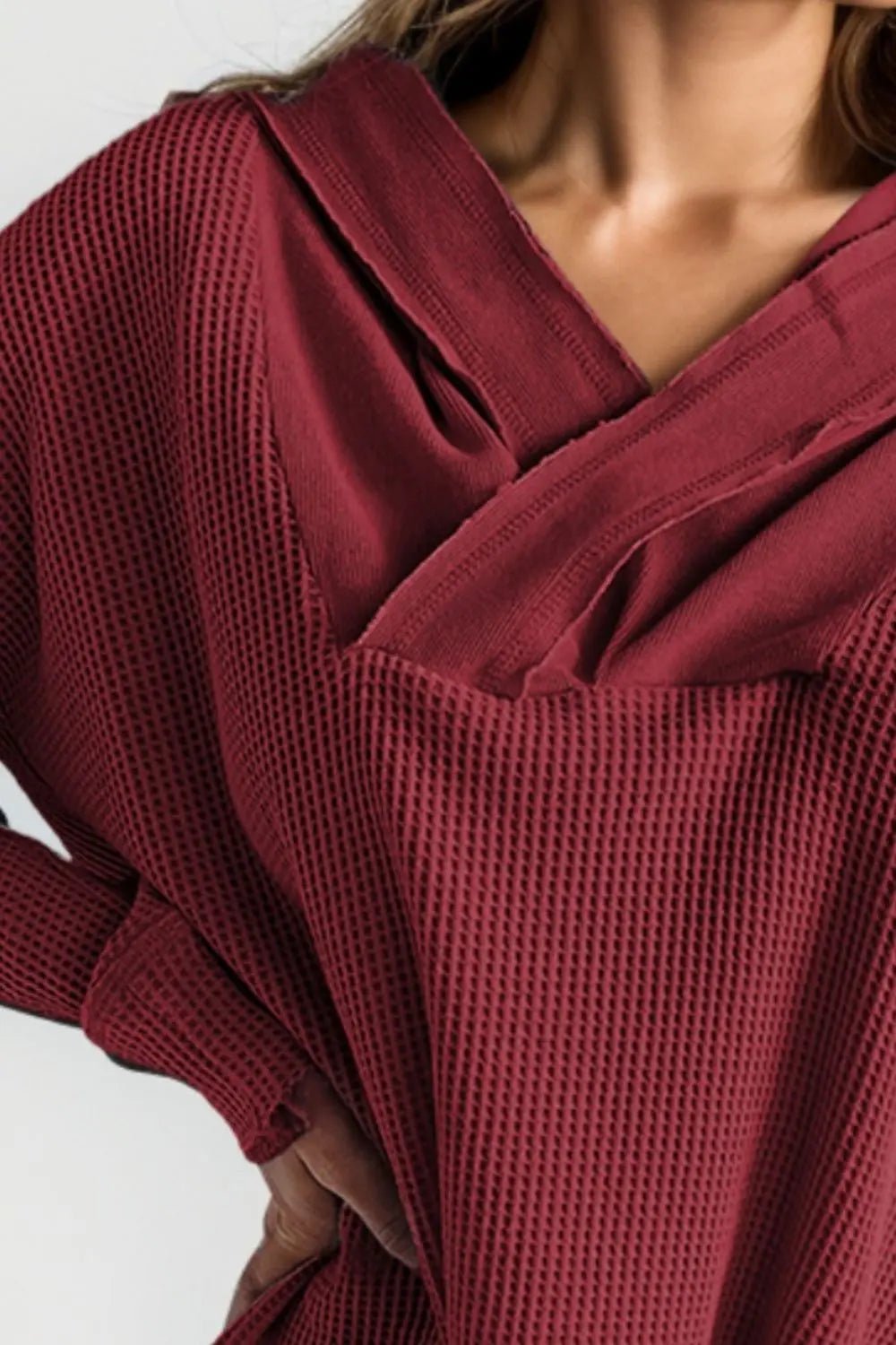 Waffle-Knit Dropped Shoulder Hoodie - Celeste    