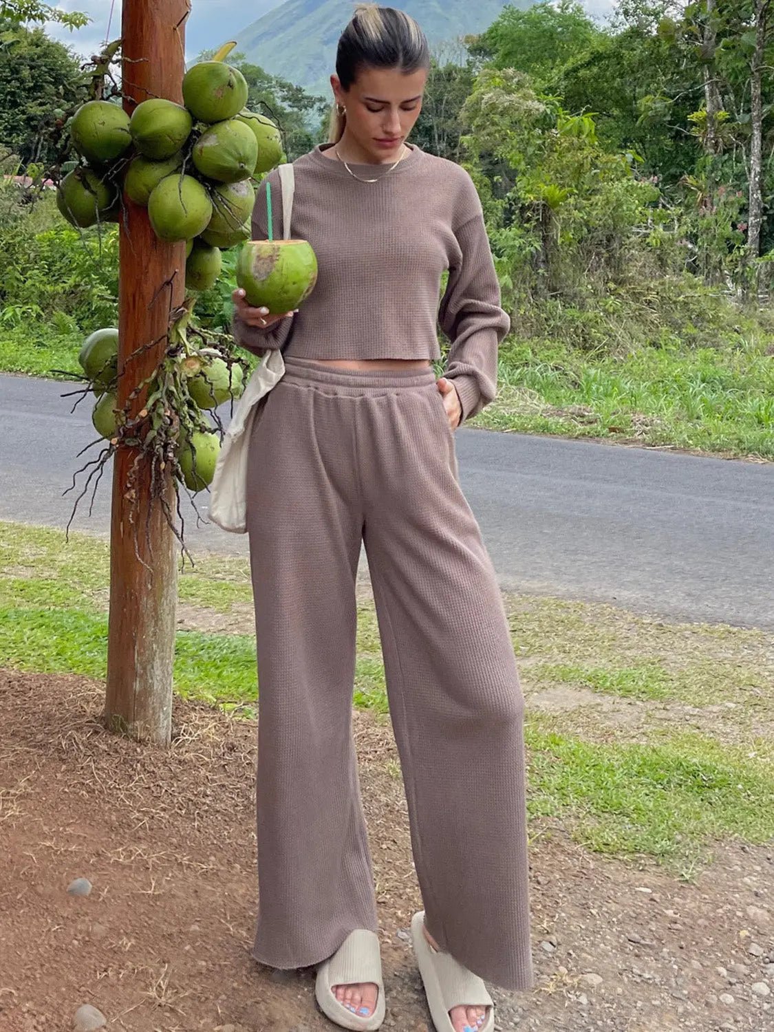 Waffle-Knit Round Neck Top and Pants Set - Celeste    