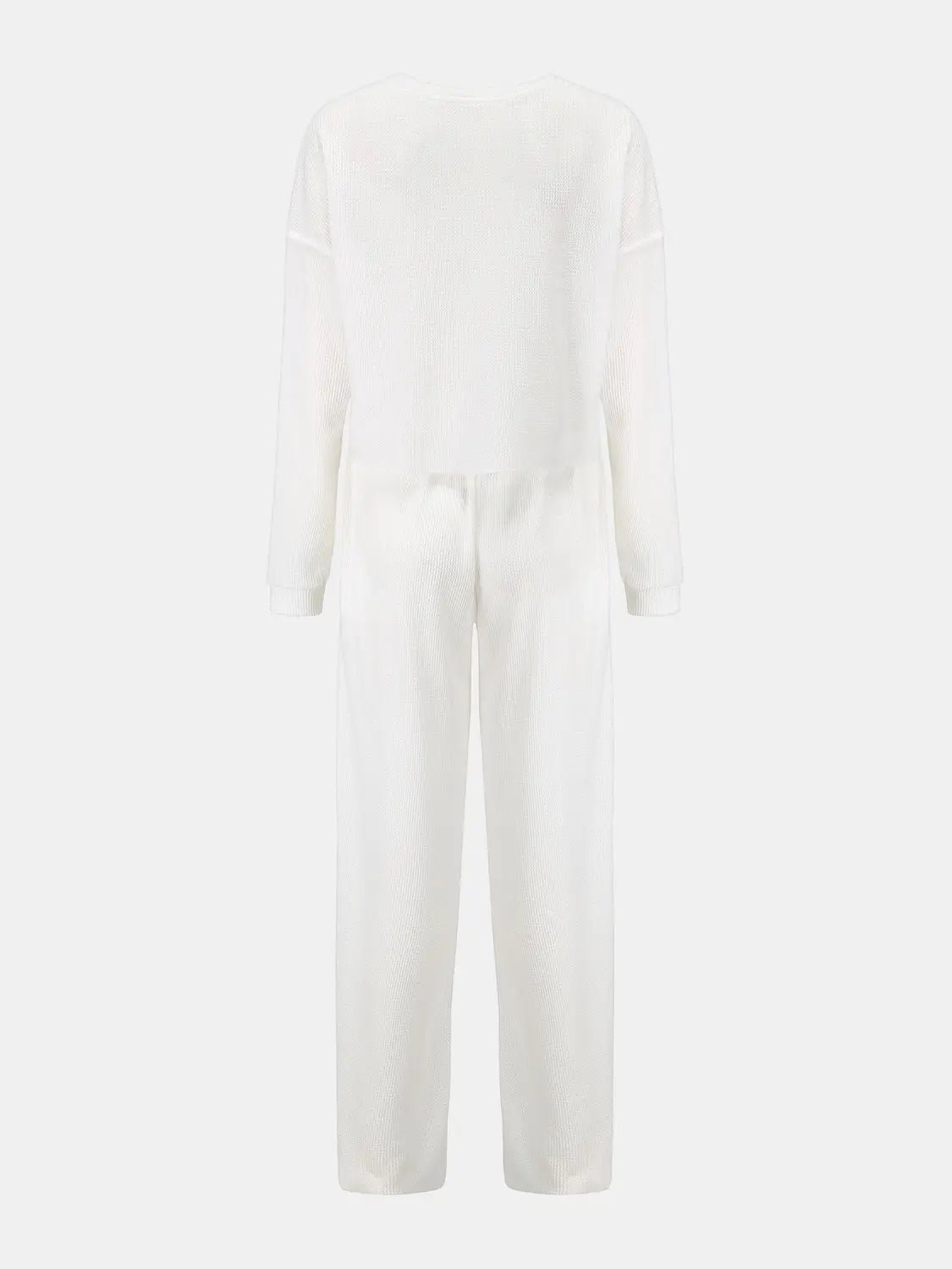 Waffle-Knit Round Neck Top and Pants Set - Celeste    