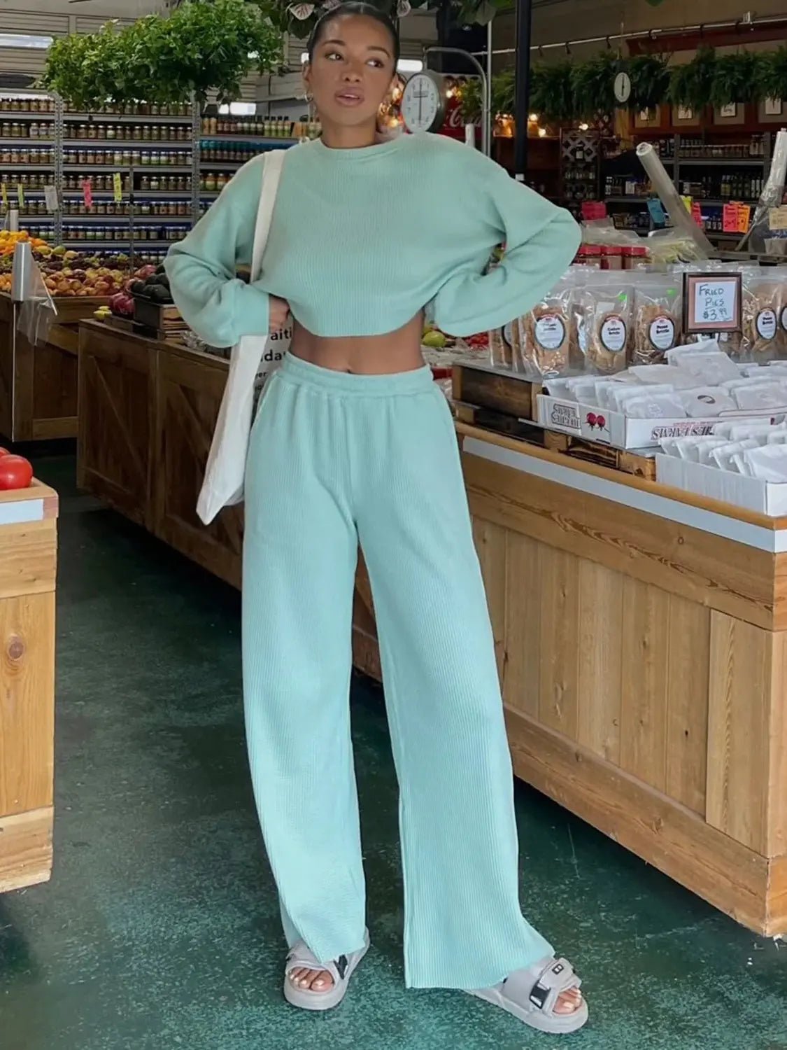 Waffle-Knit Round Neck Top and Pants Set - Celeste    