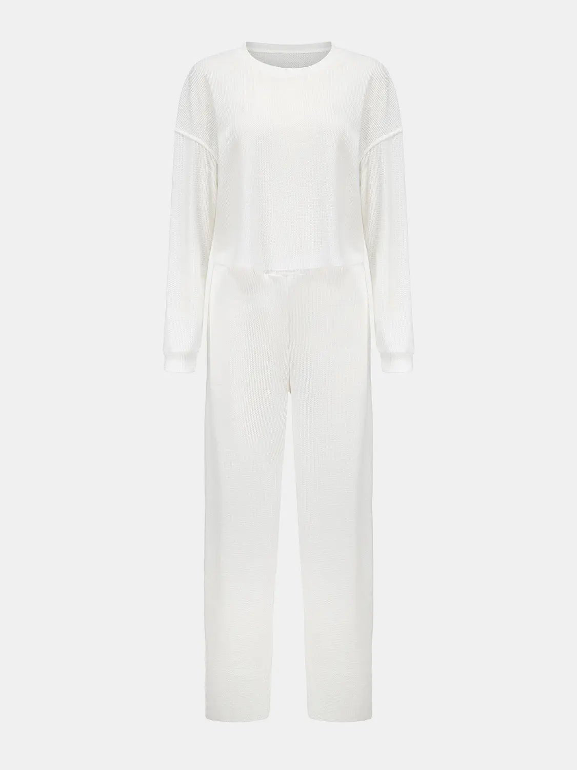 Waffle-Knit Round Neck Top and Pants Set - Celeste    