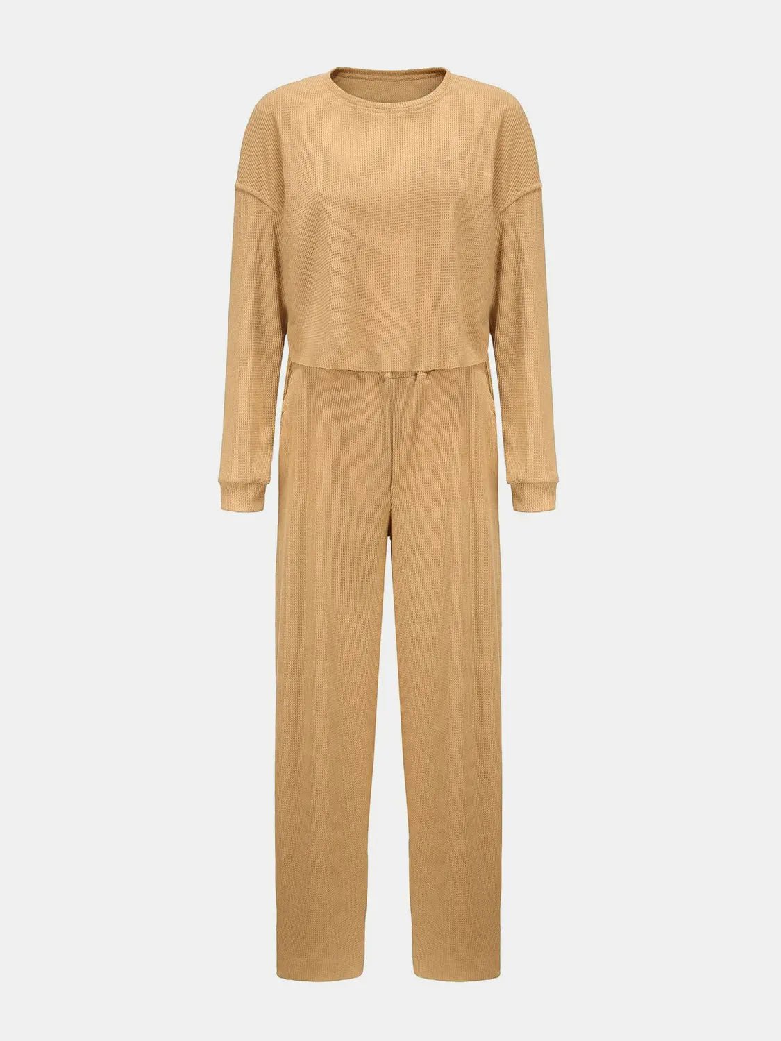 Waffle-Knit Round Neck Top and Pants Set - Celeste    
