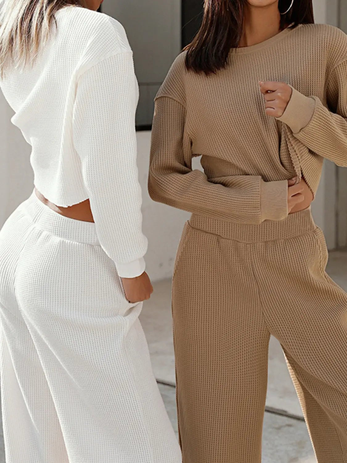 Waffle-Knit Round Neck Top and Pants Set - Celeste    