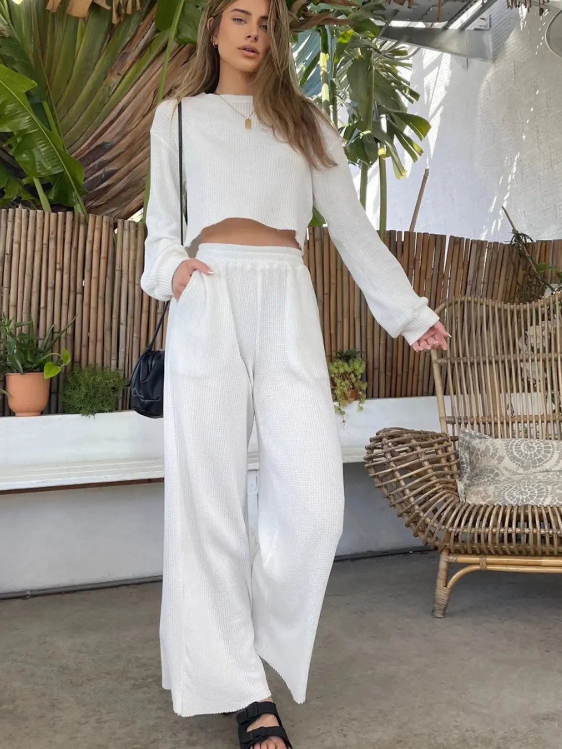 Waffle-Knit Round Neck Top and Pants Set - Celeste    