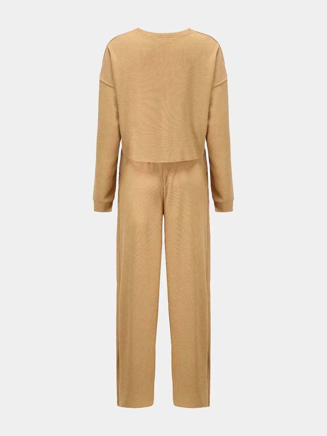 Waffle-Knit Round Neck Top and Pants Set - Celeste    