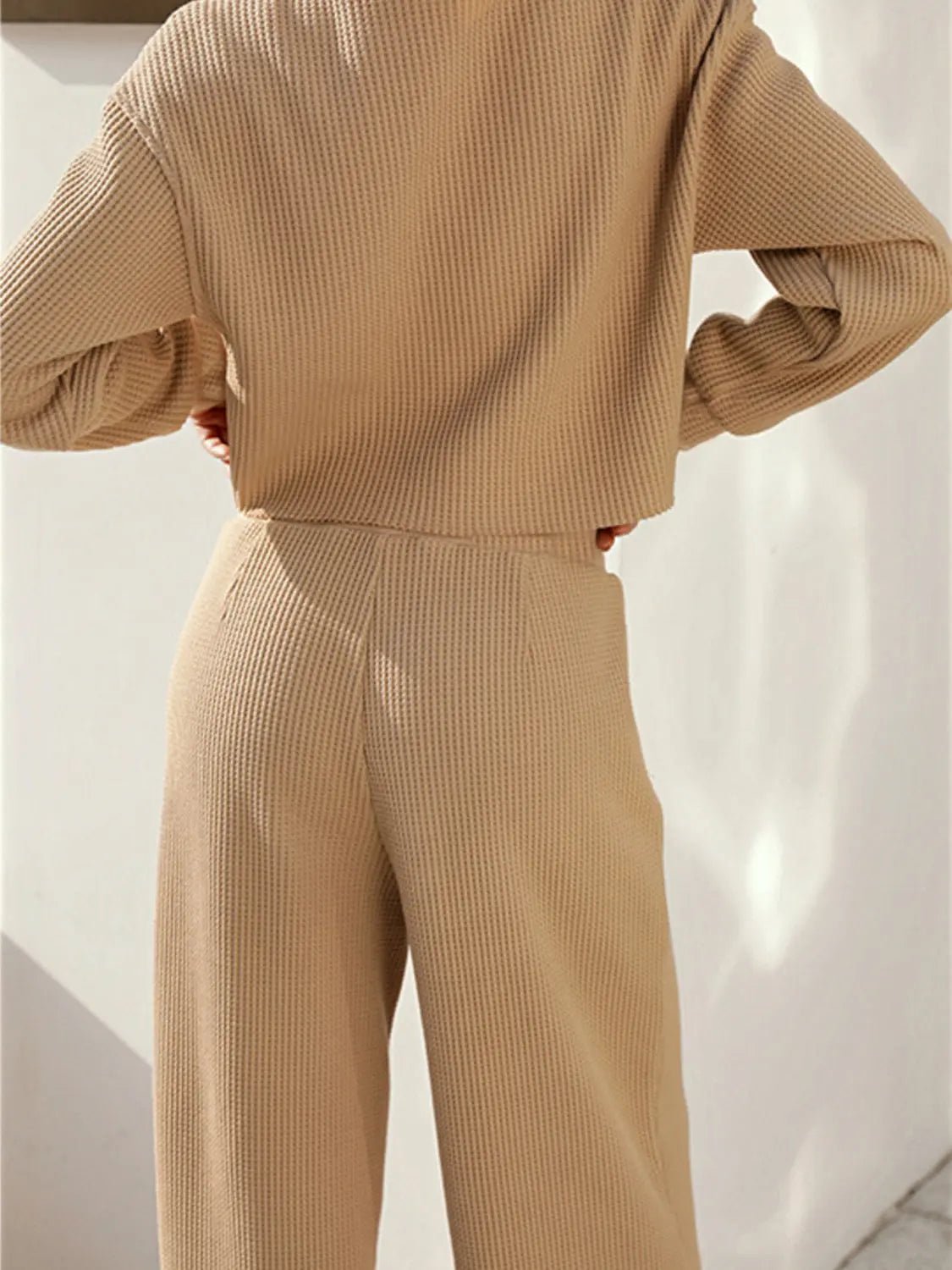 Waffle-Knit Round Neck Top and Pants Set - Celeste    