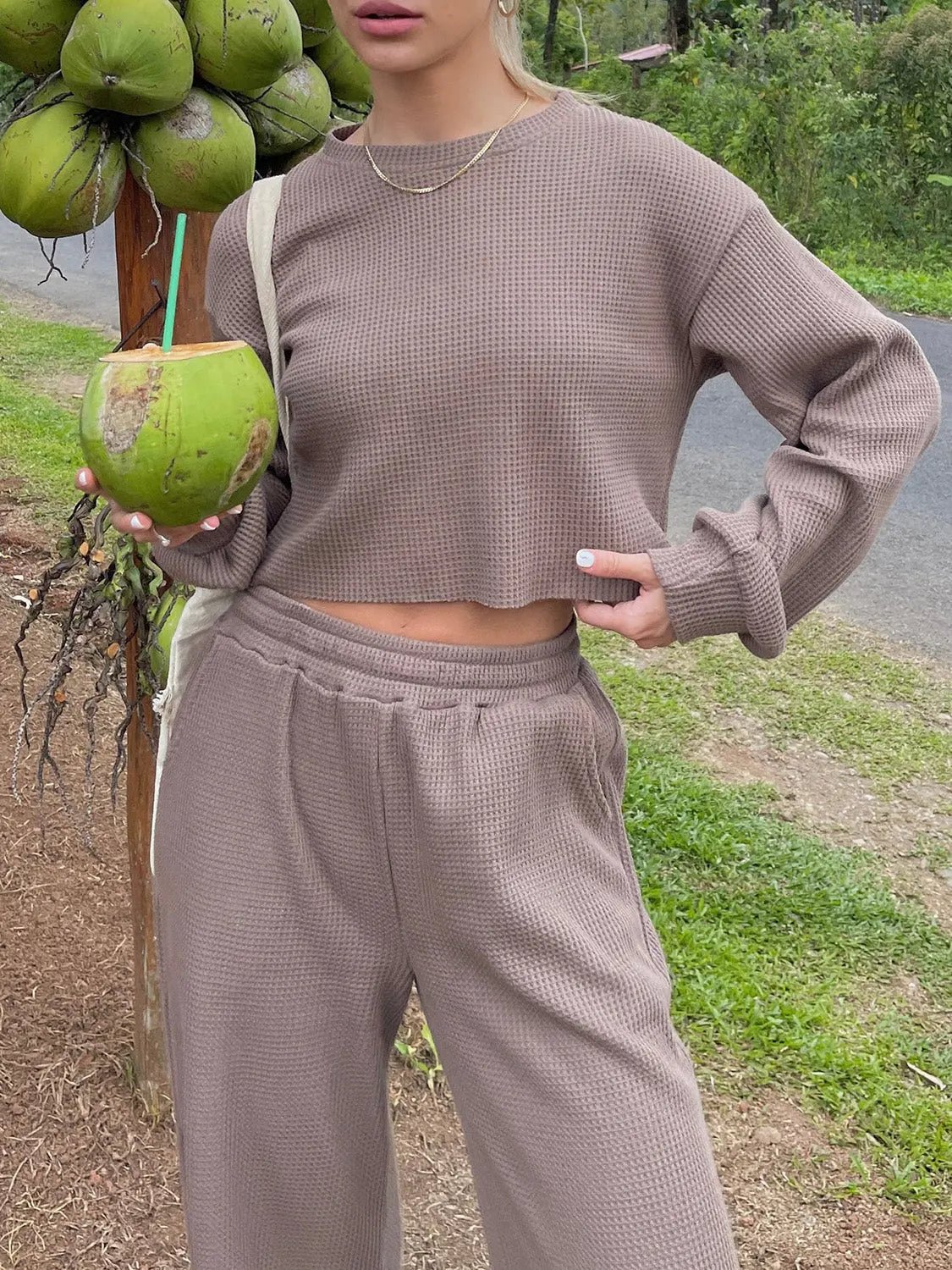 Waffle-Knit Round Neck Top and Pants Set - Celeste    