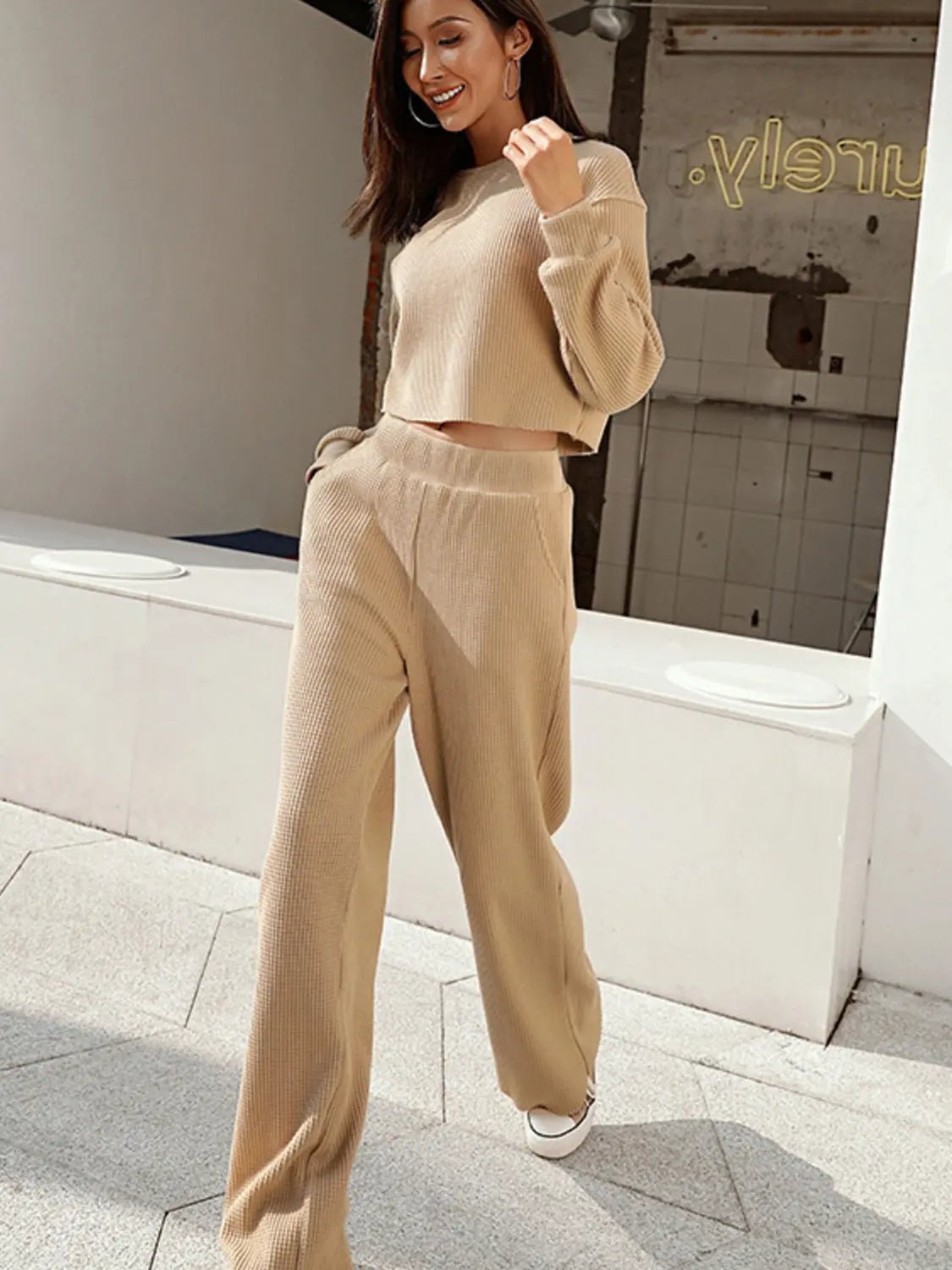 Waffle-Knit Round Neck Top and Pants Set - Celeste    