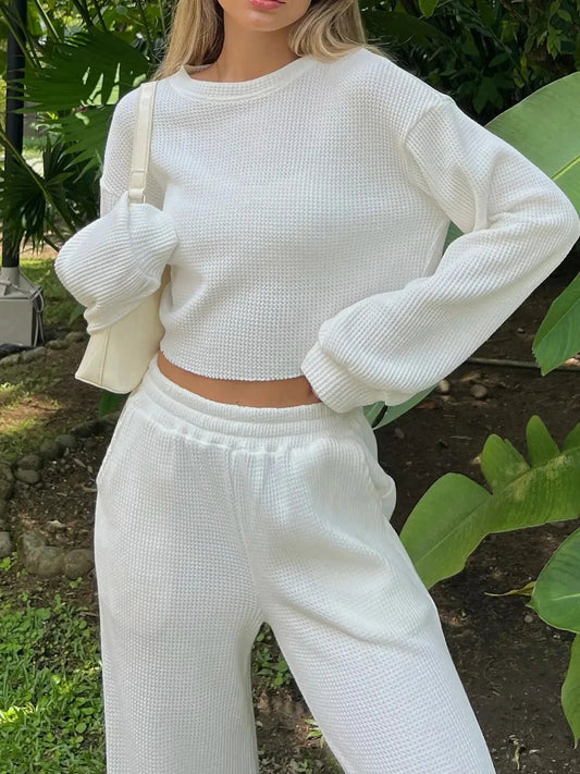 Waffle-Knit Round Neck Top and Pants Set - Celeste    