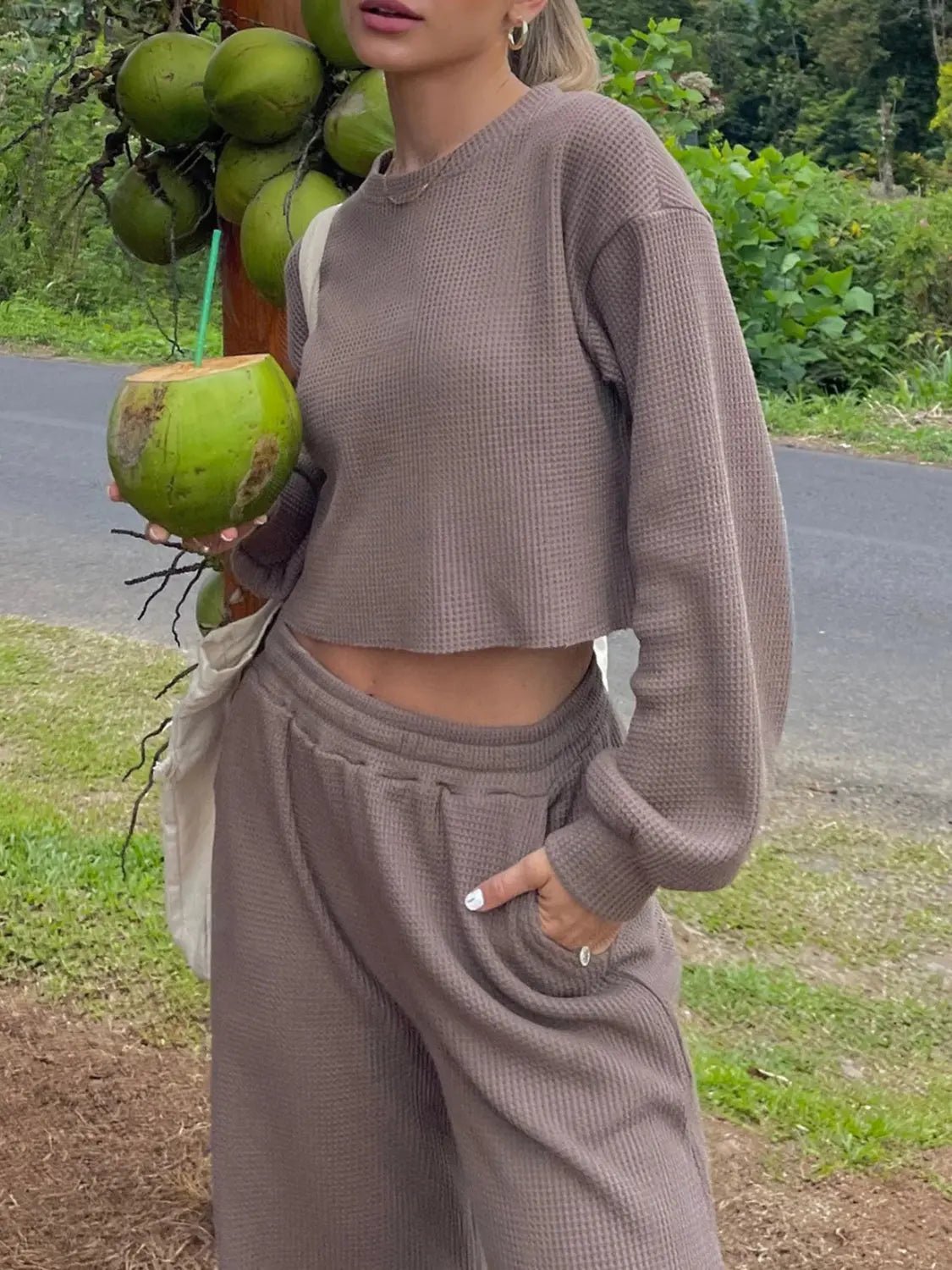 Waffle-Knit Round Neck Top and Pants Set - Celeste    