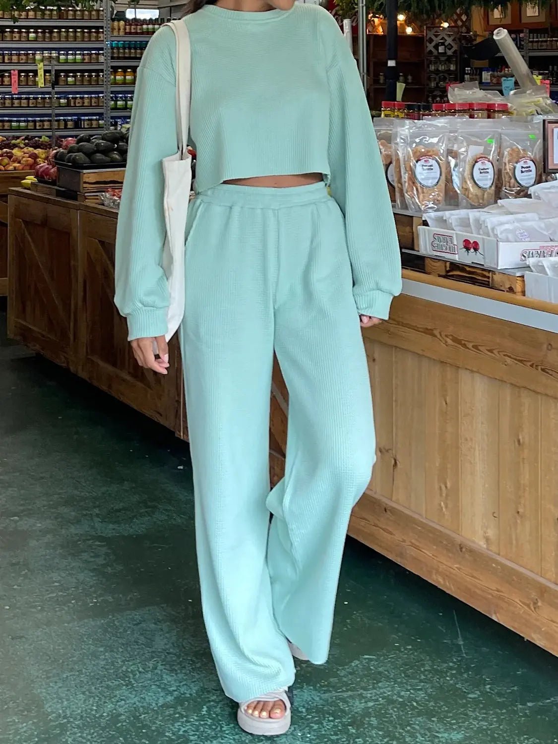 Waffle-Knit Round Neck Top and Pants Set - Celeste    
