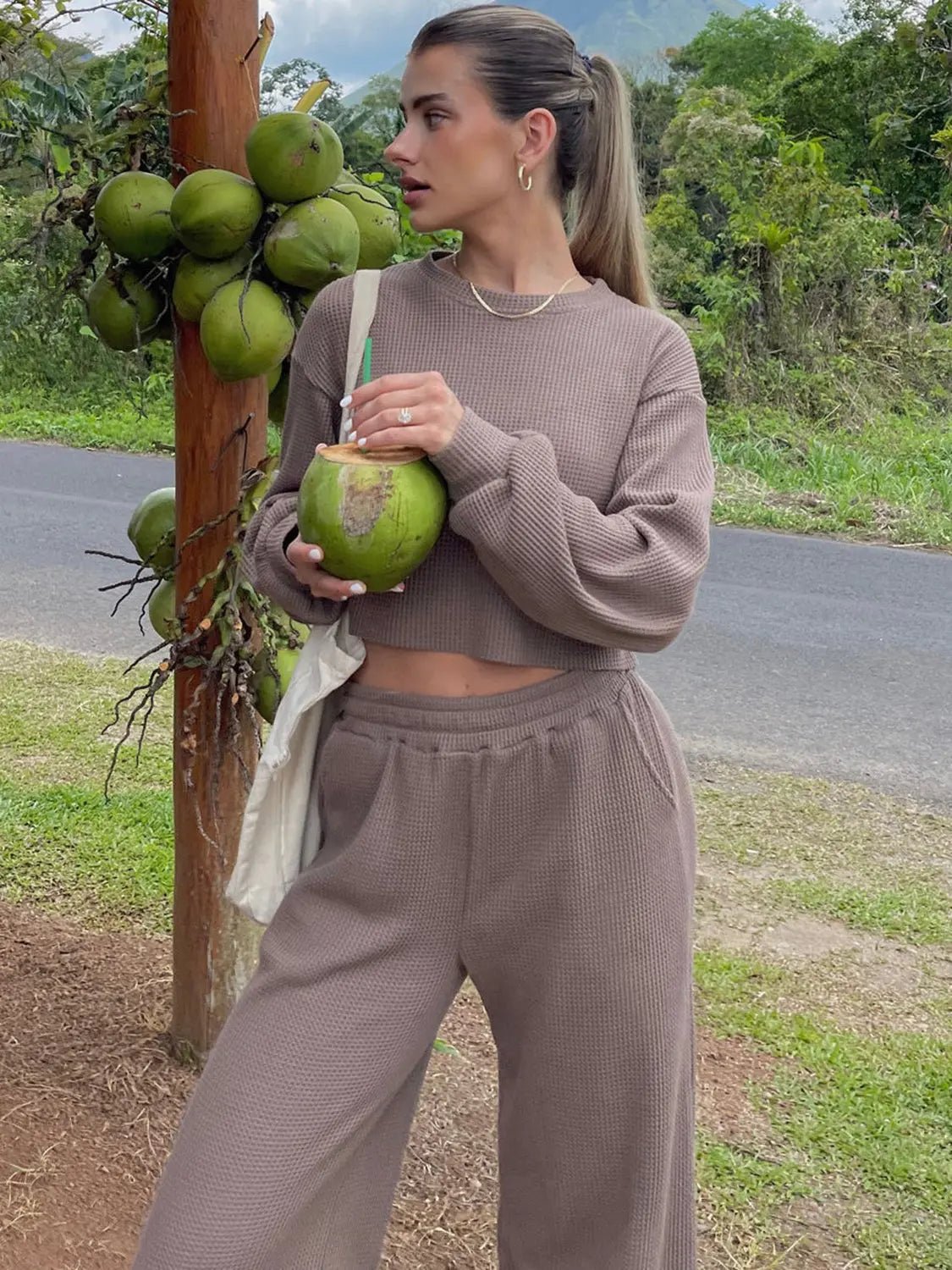 Waffle-Knit Round Neck Top and Pants Set - Celeste    