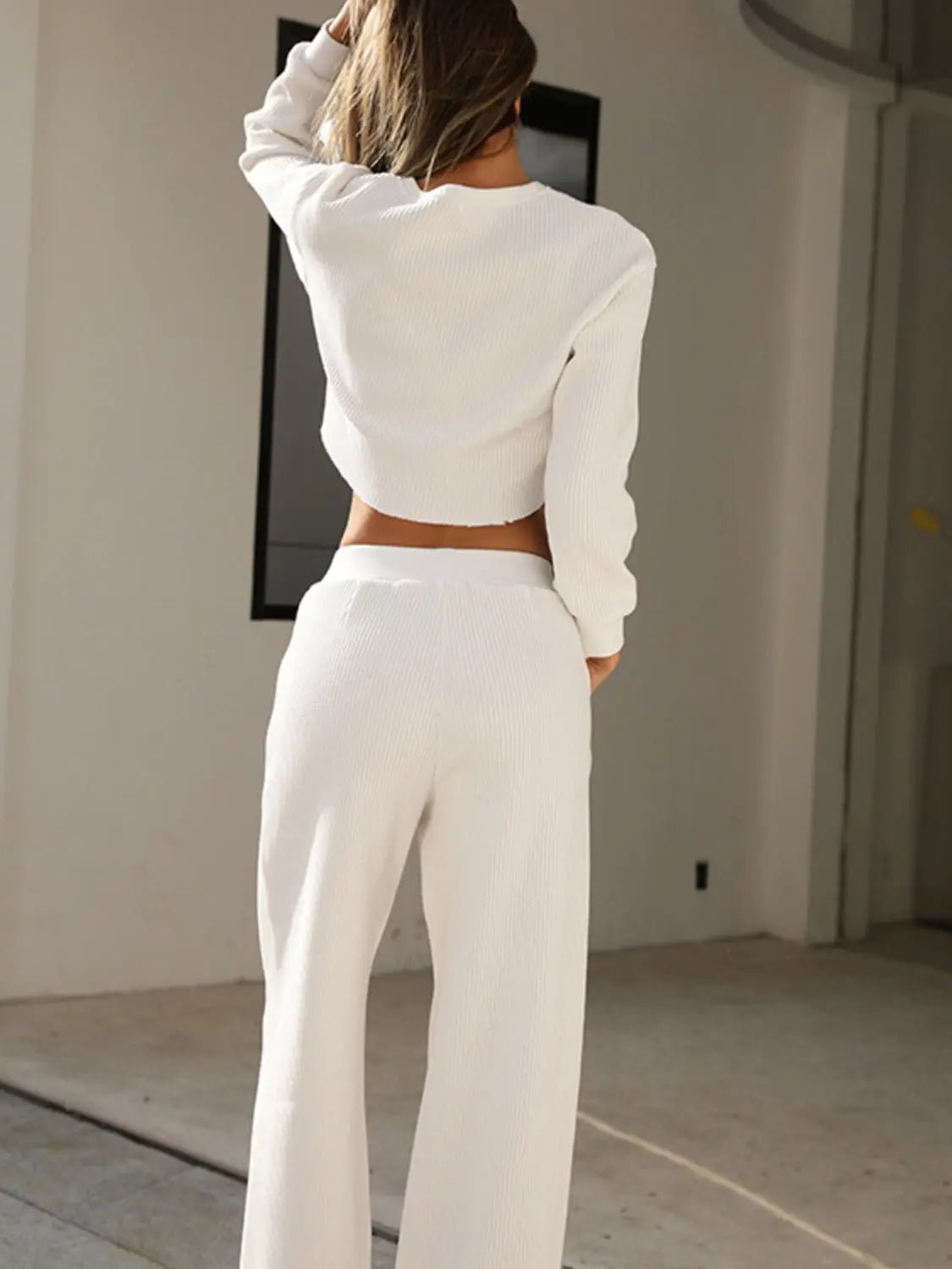 Waffle-Knit Round Neck Top and Pants Set - Celeste    