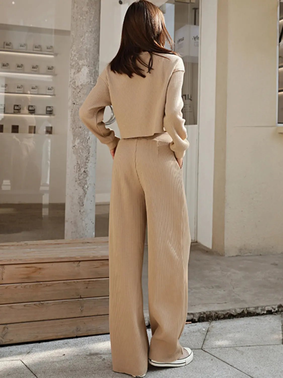 Waffle-Knit Round Neck Top and Pants Set - Celeste    