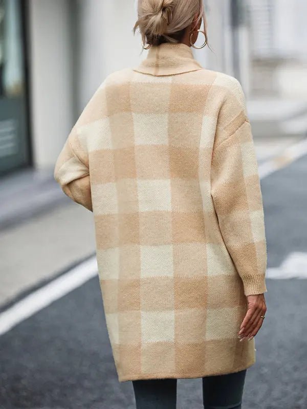Women's Coat Loose Plaid Color Block Knit Cardigan Fashion SweaterCoat Loose Plaid Color Block Knit Cardigan Fashion Sweater
