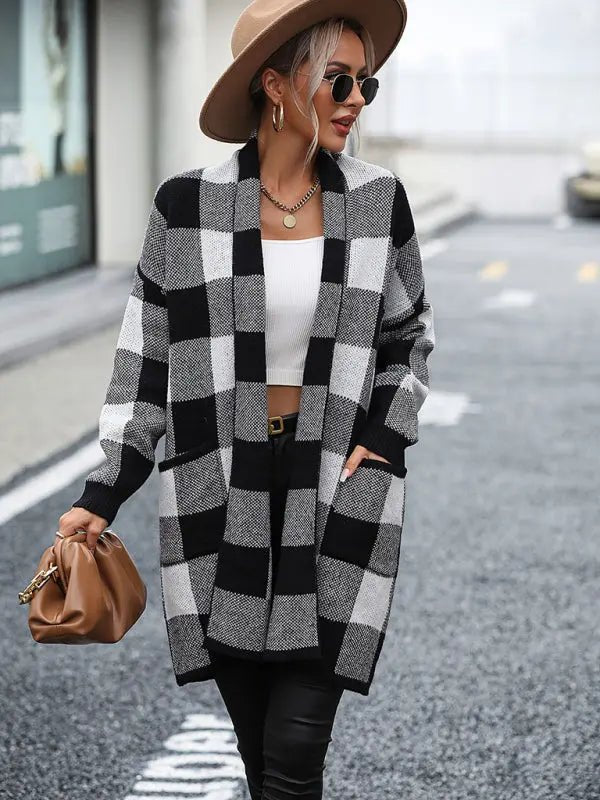 Women's Coat Loose Plaid Color Block Knit Cardigan Fashion SweaterCoat Loose Plaid Color Block Knit Cardigan Fashion Sweater