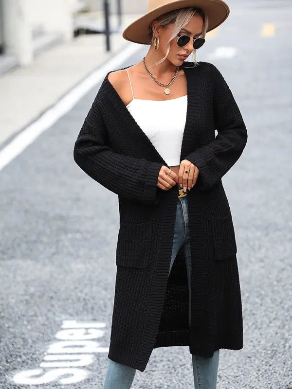women's solid color knitted sweater pocket coat sweatersolid color knitted sweater pocket coat sweater