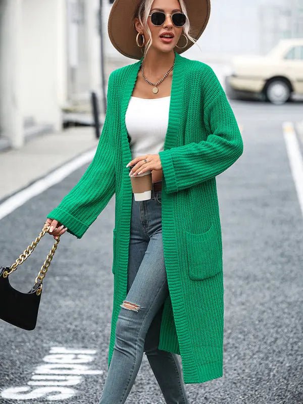 women's solid color knitted sweater pocket coat sweatersolid color knitted sweater pocket coat sweater