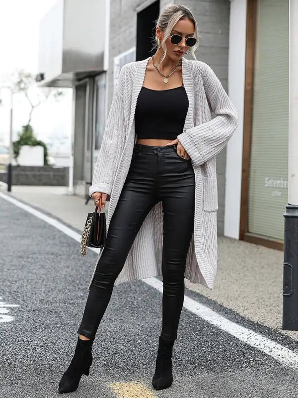 women's solid color knitted sweater pocket coat sweatersolid color knitted sweater pocket coat sweater