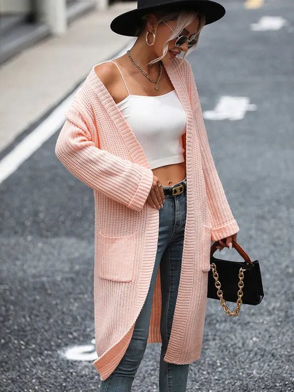 women's solid color knitted sweater pocket coat sweatersolid color knitted sweater pocket coat sweater