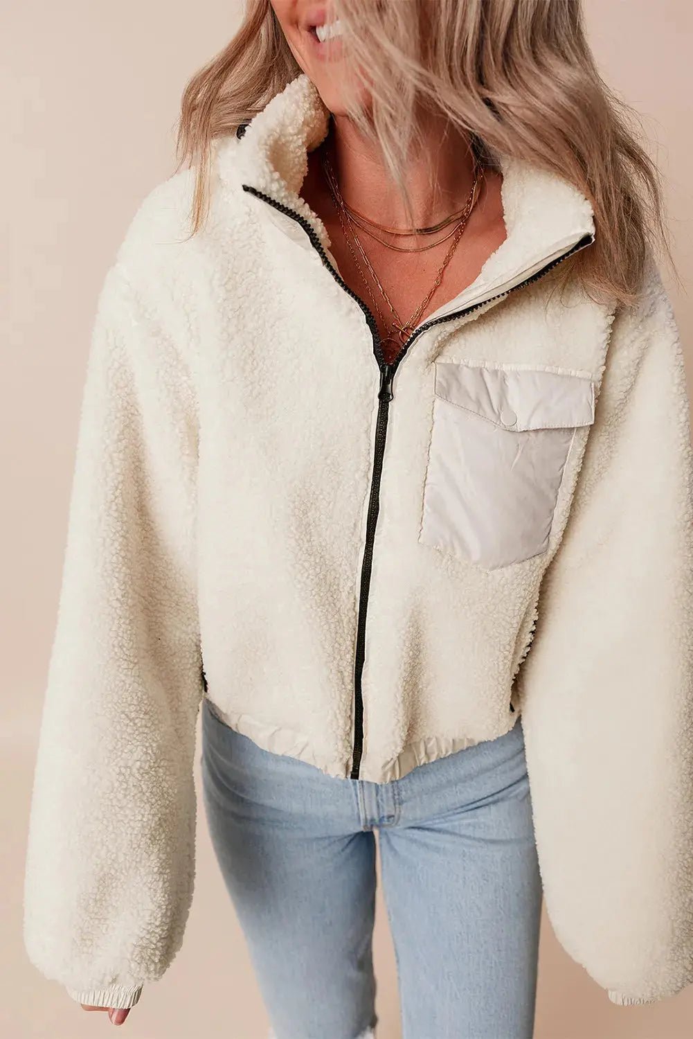 Zip Up Long Sleeve Hooded Jacket - Celeste    