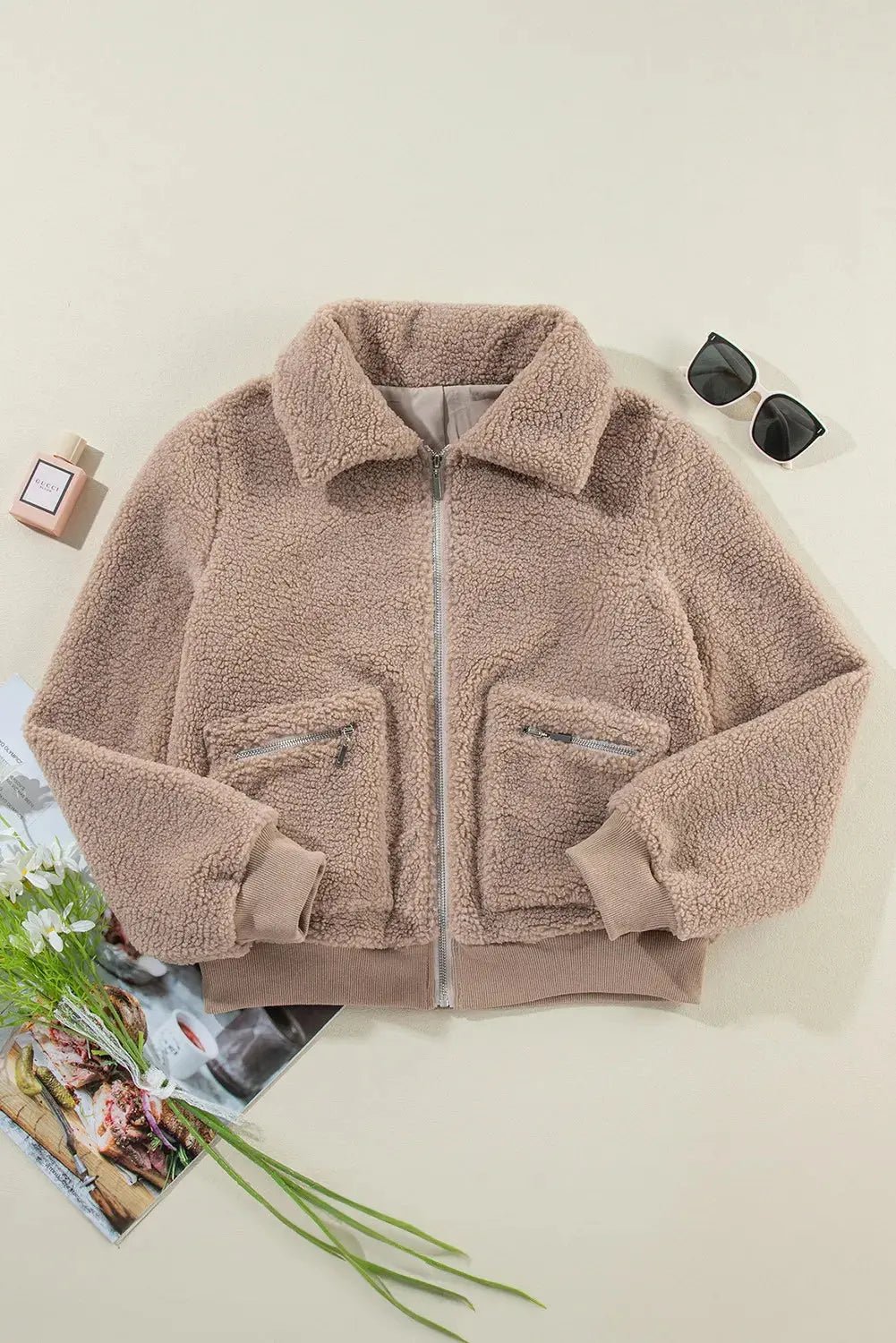 Zip Up Long Sleeve Plush Jacket - Celeste    