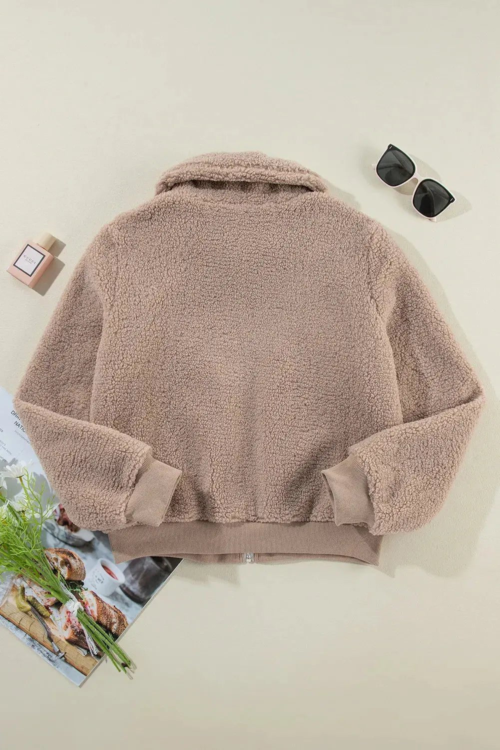 Zip Up Long Sleeve Plush Jacket - Celeste    